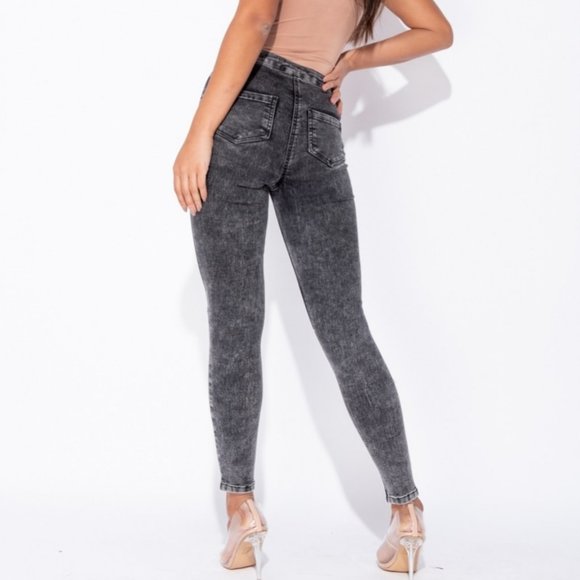 Gray Acid Wash High Waist Ripped Distressed Skinny Denim Jeggings Pants - Picture 7 of 10
